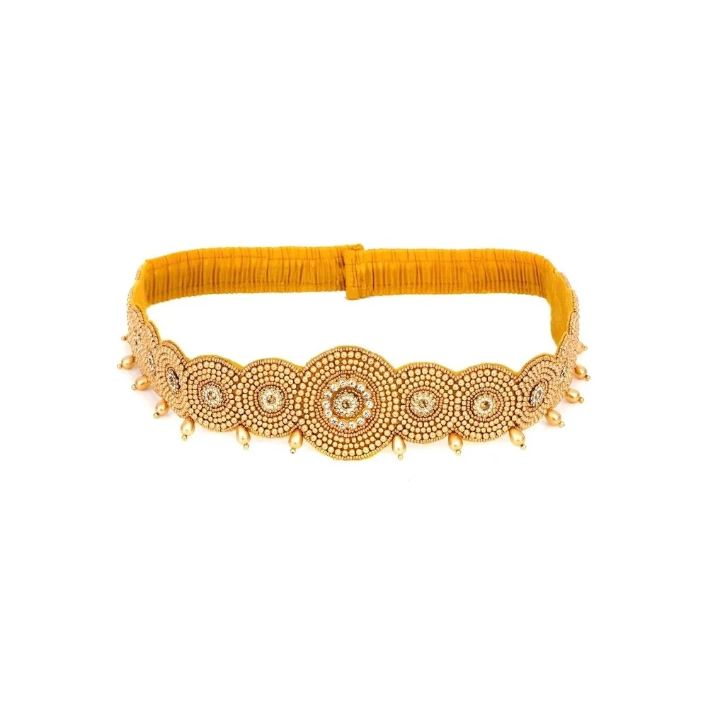 Gold Beaded Rhinestone Scalloped Elastic Waist Belt Ethnic Kamarband Statement